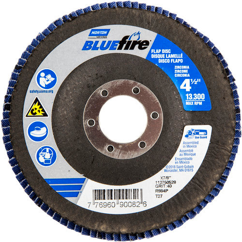 ‎4-1/2 × 7/8″ BlueFire Fiberglass HD Flat Flap Disc Type 27 P40 Grit R884P1 Zirconia Alumina - Americas Industrial Supply