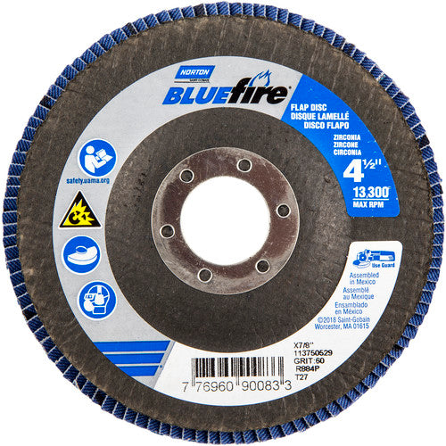 ‎4-1/2 × 7/8″ BlueFire Fiberglass HD Flat Flap Disc Type 27 P60 Grit R884P1 Zirconia Alumina - Americas Industrial Supply
