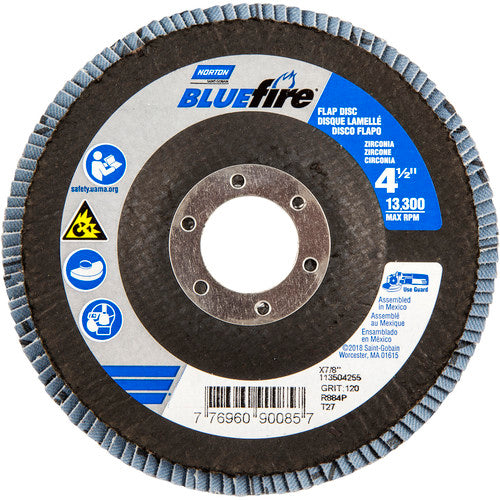 ‎4-1/2 × 7/8″ BlueFire Fiberglass HD Flat Flap Disc Type 27 P120 Grit R884P2 Zirconia Alumina - Americas Industrial Supply