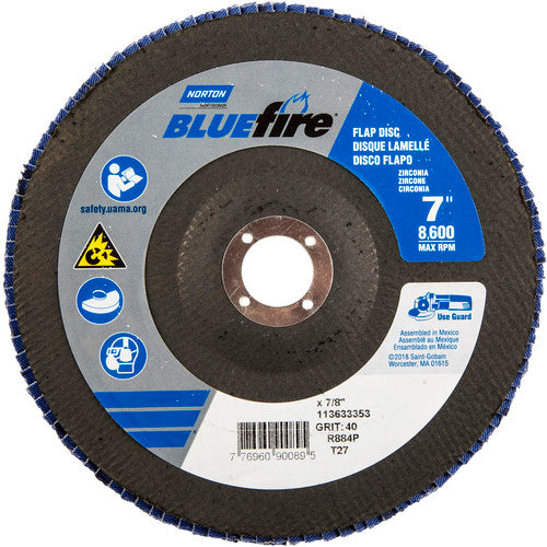 7 × 7/8″ BlueFire Fiberglass HD Flat Flap Disc Type 27 P40 Grit R884P1 Zirconia Alumina - Americas Industrial Supply