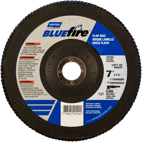 7 × 7/8″ BlueFire Fiberglass HD Flat Flap Disc Type 27 P60 Grit R884P1 Zirconia Alumina - Americas Industrial Supply