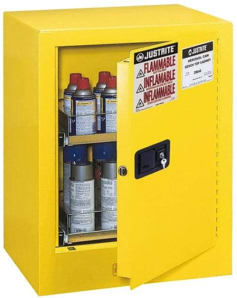 Justrite - 1 Door, 2 Shelf, Yellow Steel Bench Top Safety Cabinet for Flammable and Combustible Liquids - 27" High x 21" Wide x 18" Deep, Manual Closing Door, 4 Gal Capacity - Americas Industrial Supply