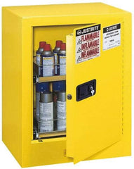 Justrite - 1 Door, 2 Shelf, Yellow Steel Bench Top Safety Cabinet for Flammable and Combustible Liquids - 27" High x 21" Wide x 18" Deep, Manual Closing Door, 4 Gal Capacity - Americas Industrial Supply