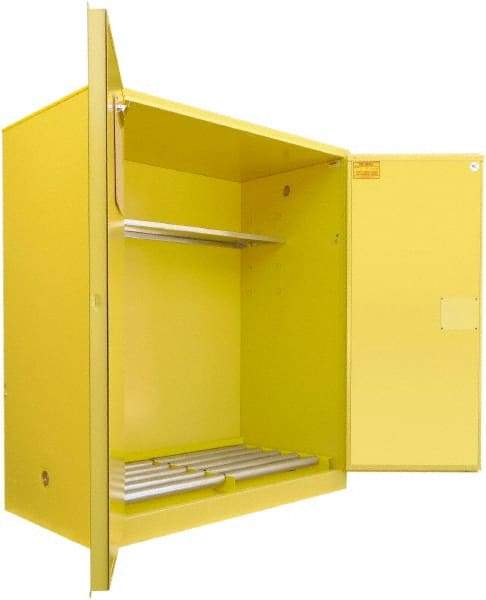 Securall Cabinets - 56" Wide x 31" Deep x 65" High, 18 Gauge Steel Vertical Drum Cabinet with 3 Point Key Lock - Yellow, Manual Closing Door, 1 Shelf, 2 Drums, Drum Rollers Included - Americas Industrial Supply