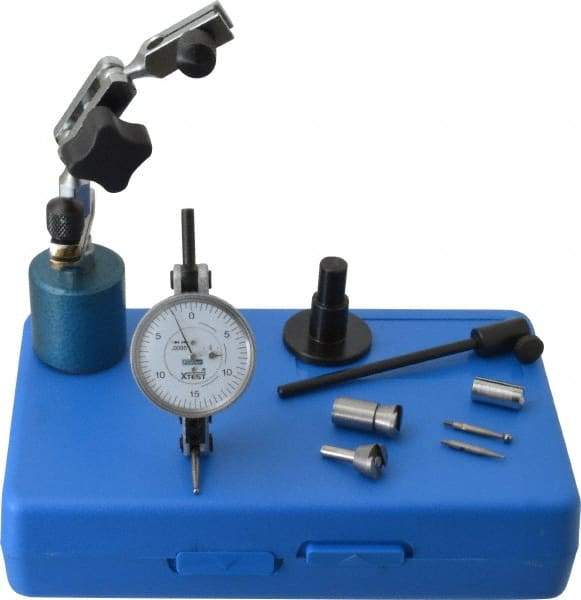 Fowler - 9 Piece, 0" to 0.06" Measuring Range, 1-1/2" Dial Diam, 0-15-0 Dial Reading, Horizontal White Dial Test Indicator Kit - 0.08" Ball Diam, 0.0005" Dial Graduation - Americas Industrial Supply