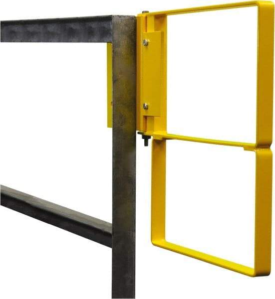 PRO-SAFE - Powder Coated Carbon Steel Self Closing Rail Safety Gate - Fits 34 to 36-1/2" Clear Opening, 1-1/2" Wide x 22" Door Height, Yellow - Americas Industrial Supply