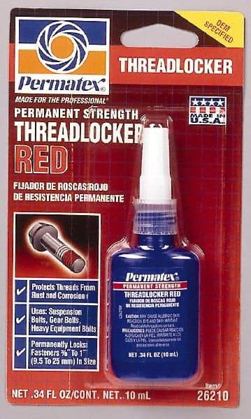 Permatex - 10 mL Bottle, Red, High Strength Liquid Threadlocker - Series 262, 24 hr Full Cure Time, Hand Tool, Heat Removal - Americas Industrial Supply