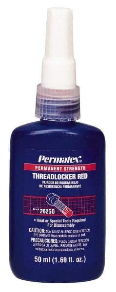 Permatex - 50 mL Bottle, Red, High Strength Liquid Threadlocker - Series 262, 24 hr Full Cure Time, Hand Tool, Heat Removal - Americas Industrial Supply