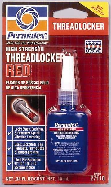 Permatex - 10 mL Bottle, Red, High Strength Liquid Threadlocker - Series 271, 24 hr Full Cure Time, Hand Tool, Heat Removal - Americas Industrial Supply