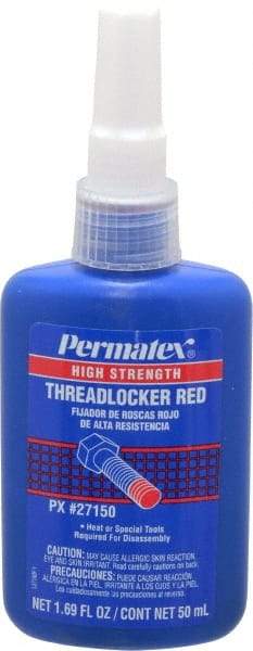 Permatex - 50 mL Bottle, Red, High Strength Liquid Threadlocker - Series 271, 24 hr Full Cure Time, Hand Tool, Heat Removal - Americas Industrial Supply