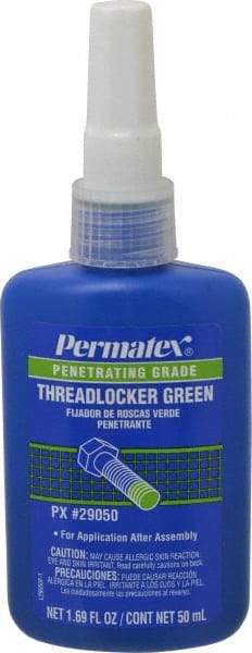 Permatex - 50 mL Bottle, Green, Liquid Medium Strength Threadlocker - Series 290, 24 hr Full Cure Time, Hand Tool, Heat Removal - Americas Industrial Supply