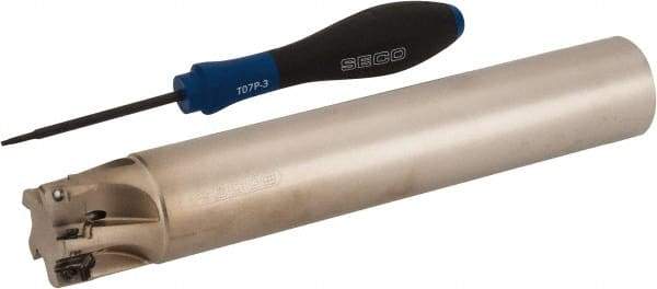Seco - 1-1/4" Cut Diam, 0.354" Max Depth of Cut, 1-1/4" Shank Diam, 7.677" OAL, Indexable Square Shoulder End Mill - XO.X 10T3.. Inserts, Cylindrical Shank, 90° Lead Angle, Through Coolant, Series Turbo 10 - Americas Industrial Supply