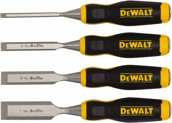 DeWALT - 4 Piece Wood Chisel Set - 11-29/32" OAL, High-impact Polypropylene & Rubber, Sizes Included 1/4 to 1" - Americas Industrial Supply