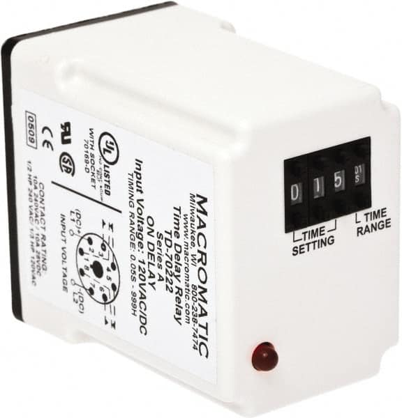 Macromatic - 8 Pin, 999 hr Delay, Multiple Range DPDT Time Delay Relay - 10 Contact Amp, 240 VAC, Pushbutton Thumbwheel - Americas Industrial Supply