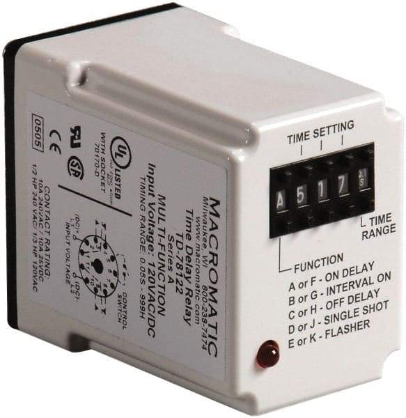 Macromatic - 11 Pin, 999 hr Delay, Multiple Range DPDT Time Delay Relay - 10 Contact Amp, 240 VAC, Pushbutton Thumbwheel - Americas Industrial Supply