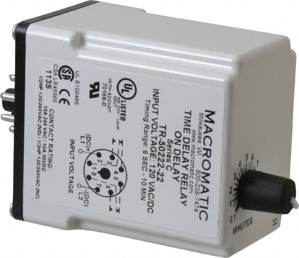 Macromatic - 8 Pin, 10 min Delay, Multiple Range DPDT Time Delay Relay - 10 Contact Amp, 120 VAC/VDC, Knob - Americas Industrial Supply