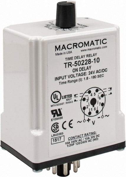 Macromatic - 8 Pin, Multiple Range DPDT Time Delay Relay - 10 Contact Amp, 24 VAC/VDC, Knob - Americas Industrial Supply