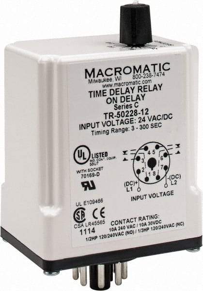 Macromatic - 8 Pin, Multiple Range DPDT Time Delay Relay - 10 Contact Amp, 24 VAC/VDC, Knob - Americas Industrial Supply