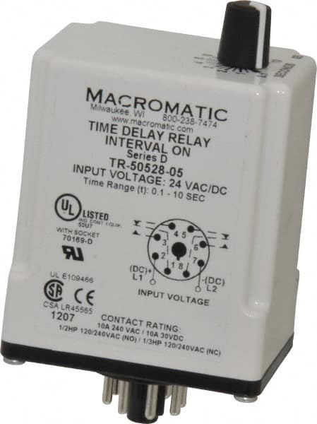 Macromatic - 8 Pin, Multiple Range DPDT Time Delay Relay - 10 Contact Amp, 24 VAC/VDC, Knob - Americas Industrial Supply