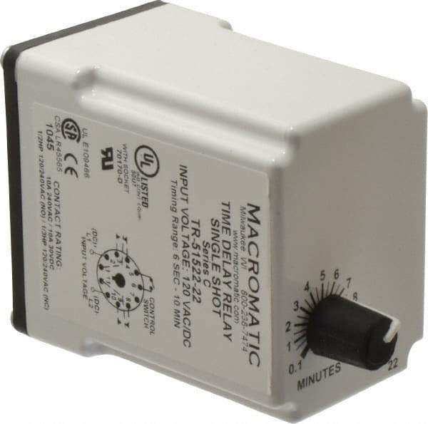 Macromatic - 11 Pin, 10 min Delay, Multiple Range DPDT Time Delay Relay - 10 Contact Amp, 120 VAC/VDC, Knob - Americas Industrial Supply