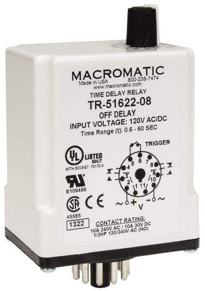 Macromatic - 11 Pin, Multiple Range DPDT Time Delay Relay - 10 Contact Amp, 120 VAC/VDC, Knob - Americas Industrial Supply