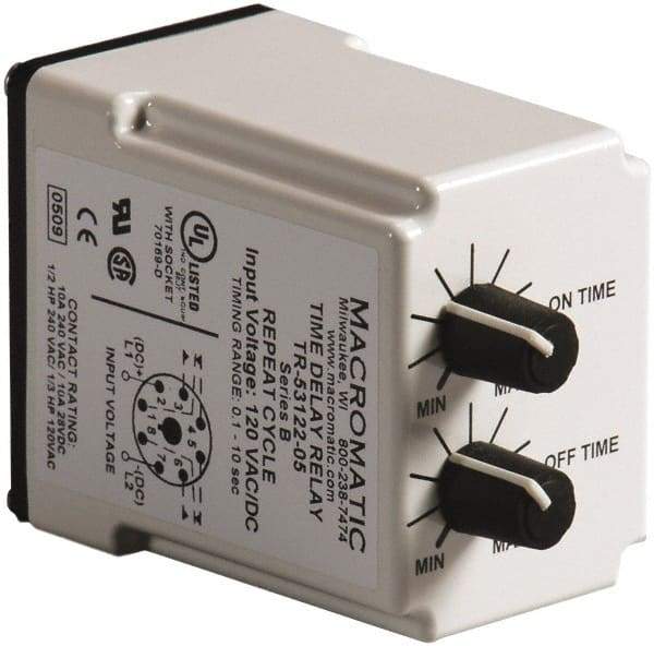 Macromatic - 8 Pin, 10 min Delay, Multiple Range DPDT Time Delay Relay - 10 Contact Amp, 120 VAC/VDC, Knob - Americas Industrial Supply