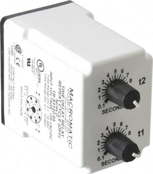 Macromatic - 8 Pin, Multiple Range DPDT Time Delay Relay - 10 Contact Amp, 120 VAC/VDC, Knob - Americas Industrial Supply