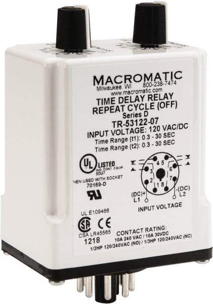 Macromatic - 8 Pin, Multiple Range DPDT Time Delay Relay - 10 Contact Amp, 120 VAC/VDC, Knob - Americas Industrial Supply