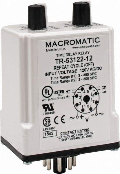 Macromatic - 8 Pin, Multiple Range DPDT Time Delay Relay - 10 Contact Amp, 120 VAC/VDC, Knob - Americas Industrial Supply