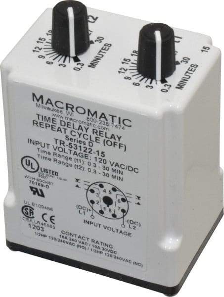 Macromatic - 8 Pin, 30 min Delay, Multiple Range DPDT Time Delay Relay - 10 Contact Amp, 120 VAC/VDC, Knob - Americas Industrial Supply