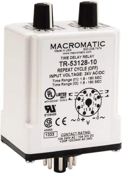 Macromatic - 8 Pin, Multiple Range DPDT Time Delay Relay - 10 Contact Amp, 24 VAC/VDC, Knob - Americas Industrial Supply