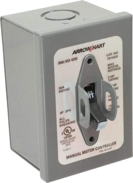 Cooper Wiring Devices - 3 Poles, 30 Amp, 3PST, NEMA, Enclosed Manual Motor Starter - 66.8mm Wide x 118.62mm Deep x 112.27mm High, 15 hp at 480 V, 15 hp at 600 V, 3 hp at 120 V & 7-1/2 hp at 240 V, CSA C22.2 No. 14, NEMA 1 & UL 508 - Americas Industrial Supply