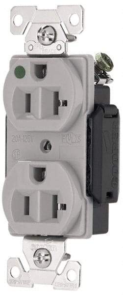 Cooper Wiring Devices - 125 VAC, 20 Amp, 5-20R NEMA Configuration, Gray, Hospital Grade, Self Grounding Duplex Receptacle - 1 Phase, 2 Poles, 3 Wire, Flush Mount, Antimicrobial, Chemical and Impact Resistant - Americas Industrial Supply