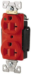 Cooper Wiring Devices - 125 VAC, 20 Amp, 5-20R NEMA Configuration, Red, Hospital Grade, Self Grounding Duplex Receptacle - 1 Phase, 2 Poles, 3 Wire, Flush Mount, Antimicrobial, Chemical and Impact Resistant - Americas Industrial Supply