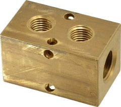 Made in USA - 3/8" Inlet, 1/4" Outlet Manifold - 2.13" Long x 1-1/4" Wide x 1-1/4" High, 0.2" Mount Hole, 2 Inlet Ports, 2 Outlet Ports - Americas Industrial Supply