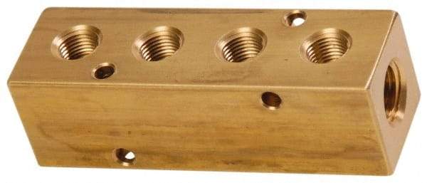 Made in USA - 1/2" Inlet, 3/8" Outlet Manifold - 4-3/4" Long x 1-1/2" Wide x 1-1/2" High, 0.2" Mount Hole, 2 Inlet Ports, 4 Outlet Ports - Americas Industrial Supply