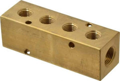 Made in USA - 3/8" Inlet, 1/4" Outlet Manifold - 3.88" Long x 1-1/4" Wide x 1-1/4" High, 0.2" Mount Hole, 2 Inlet Ports, 4 Outlet Ports - Americas Industrial Supply