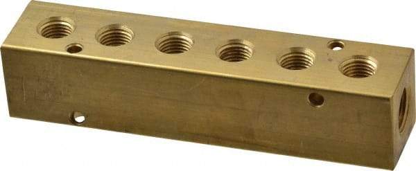 Made in USA - 3/8" Inlet, 1/4" Outlet Manifold - 5.63" Long x 1-1/4" Wide x 1-1/4" High, 0.2" Mount Hole, 2 Inlet Ports, 6 Outlet Ports - Americas Industrial Supply