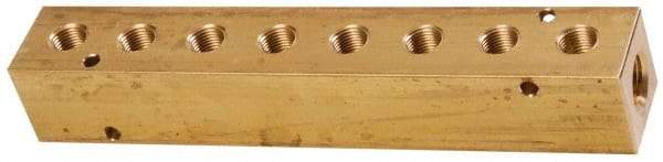 Made in USA - 3/8" Inlet, 1/4" Outlet Manifold - 7.38" Long x 1-1/4" Wide x 1-1/4" High, 0.2" Mount Hole, 2 Inlet Ports, 8 Outlet Ports - Americas Industrial Supply