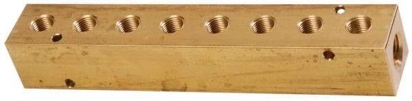 Made in USA - 1/2" Inlet, 3/8" Outlet Manifold - 8-3/4" Long x 1-1/2" Wide x 1-1/2" High, 0.2" Mount Hole, 2 Inlet Ports, 8 Outlet Ports - Americas Industrial Supply