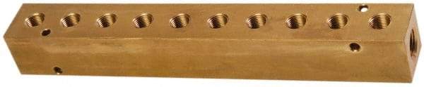 Made in USA - 1/2" Inlet, 3/8" Outlet Manifold - 10-3/4" Long x 1-1/2" Wide x 1-1/2" High, 0.2" Mount Hole, 2 Inlet Ports, 10 Outlet Ports - Americas Industrial Supply