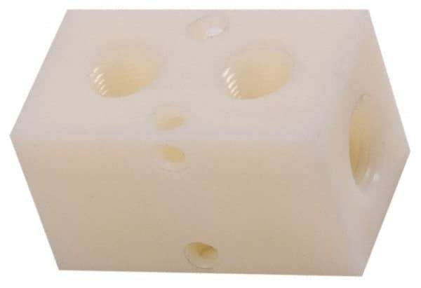 Made in USA - 1/2" Inlet, 3/8" Outlet Manifold - 2-3/4" Long x 1-1/2" Wide x 1-1/2" High, 0.2" Mount Hole, 2 Inlet Ports, 2 Outlet Ports - Americas Industrial Supply