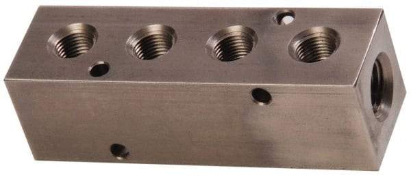 Made in USA - 1/2" Inlet, 3/8" Outlet Manifold - 4-3/4" Long x 1-1/2" Wide x 1-1/2" High, 0.2" Mount Hole, 2 Inlet Ports, 4 Outlet Ports - Americas Industrial Supply