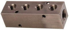 Made in USA - 1/2" Inlet, 3/8" Outlet Manifold - 4-3/4" Long x 1-1/2" Wide x 1-1/2" High, 0.2" Mount Hole, 2 Inlet Ports, 4 Outlet Ports - Americas Industrial Supply