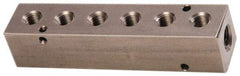 Made in USA - 1/2" Inlet, 3/8" Outlet Manifold - 6-3/4" Long x 1-1/2" Wide x 1-1/2" High, 0.2" Mount Hole, 2 Inlet Ports, 6 Outlet Ports - Americas Industrial Supply