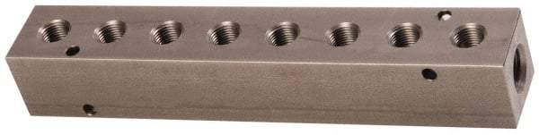 Made in USA - 1/2" Inlet, 3/8" Outlet Manifold - 8-3/4" Long x 1-1/2" Wide x 1-1/2" High, 0.2" Mount Hole, 2 Inlet Ports, 8 Outlet Ports - Americas Industrial Supply