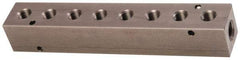 Made in USA - 1/2" Inlet, 3/8" Outlet Manifold - 8-3/4" Long x 1-1/2" Wide x 1-1/2" High, 0.2" Mount Hole, 2 Inlet Ports, 8 Outlet Ports - Americas Industrial Supply
