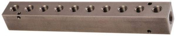 Made in USA - 3/8" Inlet, 1/4" Outlet Manifold - 9.38" Long x 1-1/4" Wide x 1-1/4" High, 0.2" Mount Hole, 2 Inlet Ports, 10 Outlet Ports - Americas Industrial Supply