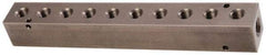 Made in USA - 1/2" Inlet, 3/8" Outlet Manifold - 10-3/4" Long x 1-1/2" Wide x 1-1/2" High, 0.2" Mount Hole, 2 Inlet Ports, 10 Outlet Ports - Americas Industrial Supply