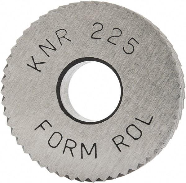 Made in USA - 3/4" Diam, 90° Tooth Angle, 25 TPI, Standard (Shape), Form Type High Speed Steel Right-Hand Diagonal Knurl Wheel - 1/4" Face Width, 1/4" Hole, Circular Pitch, 30° Helix, Bright Finish, Series KN - Exact Industrial Supply